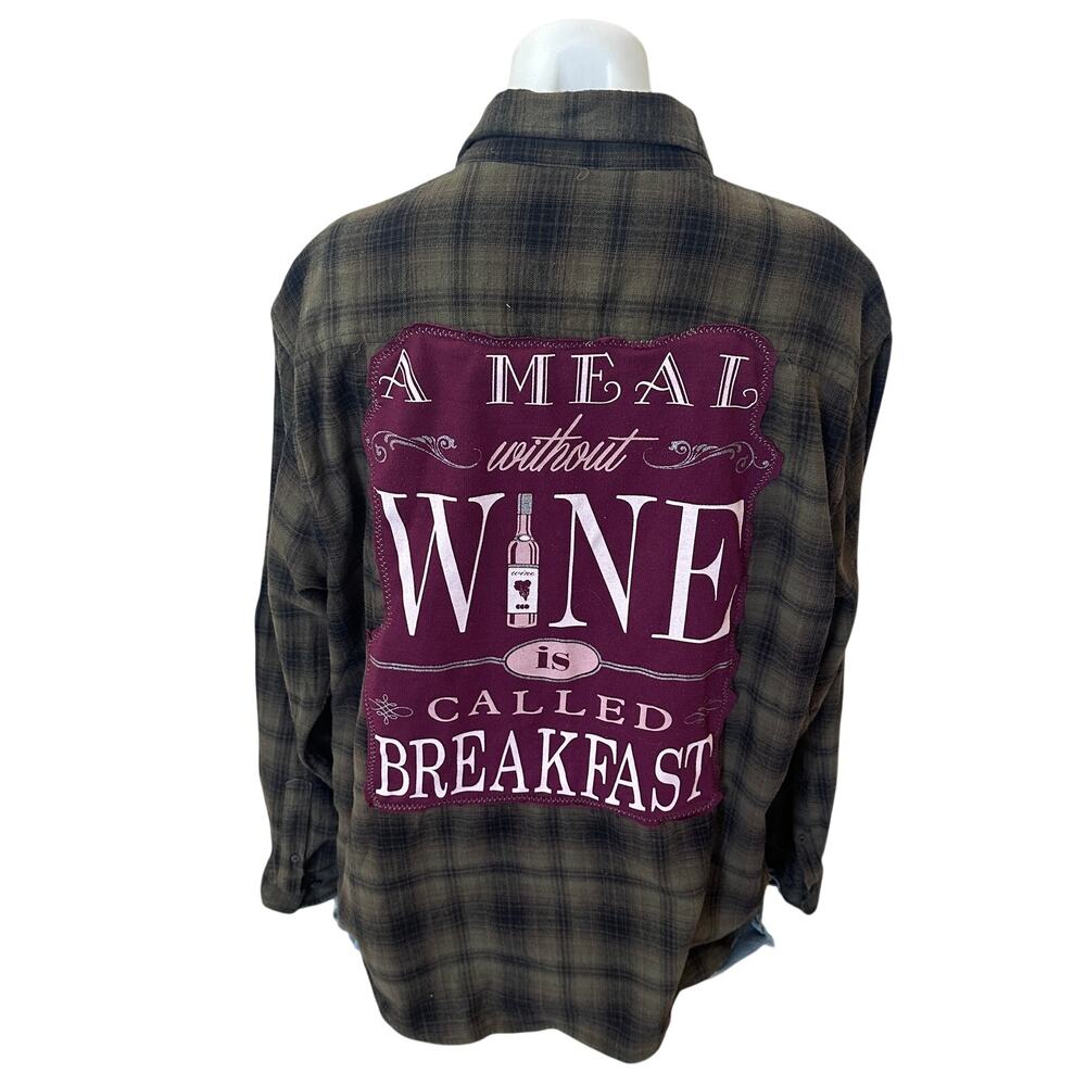 Wine Lover Plaid Flannel Shirt XL Oversized Upcycled Unique Camping Funny Quote